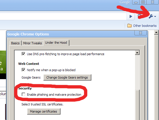 Google Chrome Disable Malware and Phishing Protection