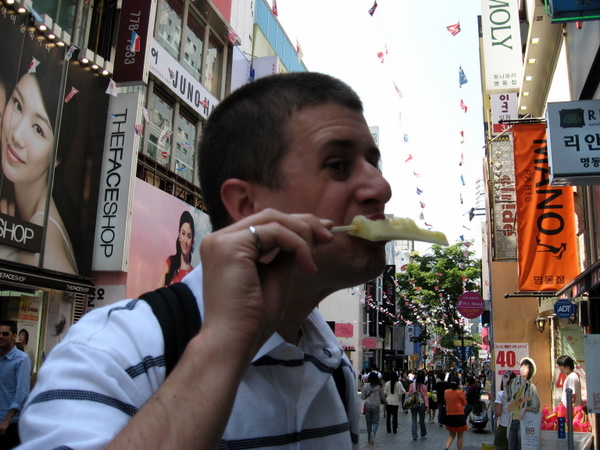 Eating street pineapple in Seoul, Korea